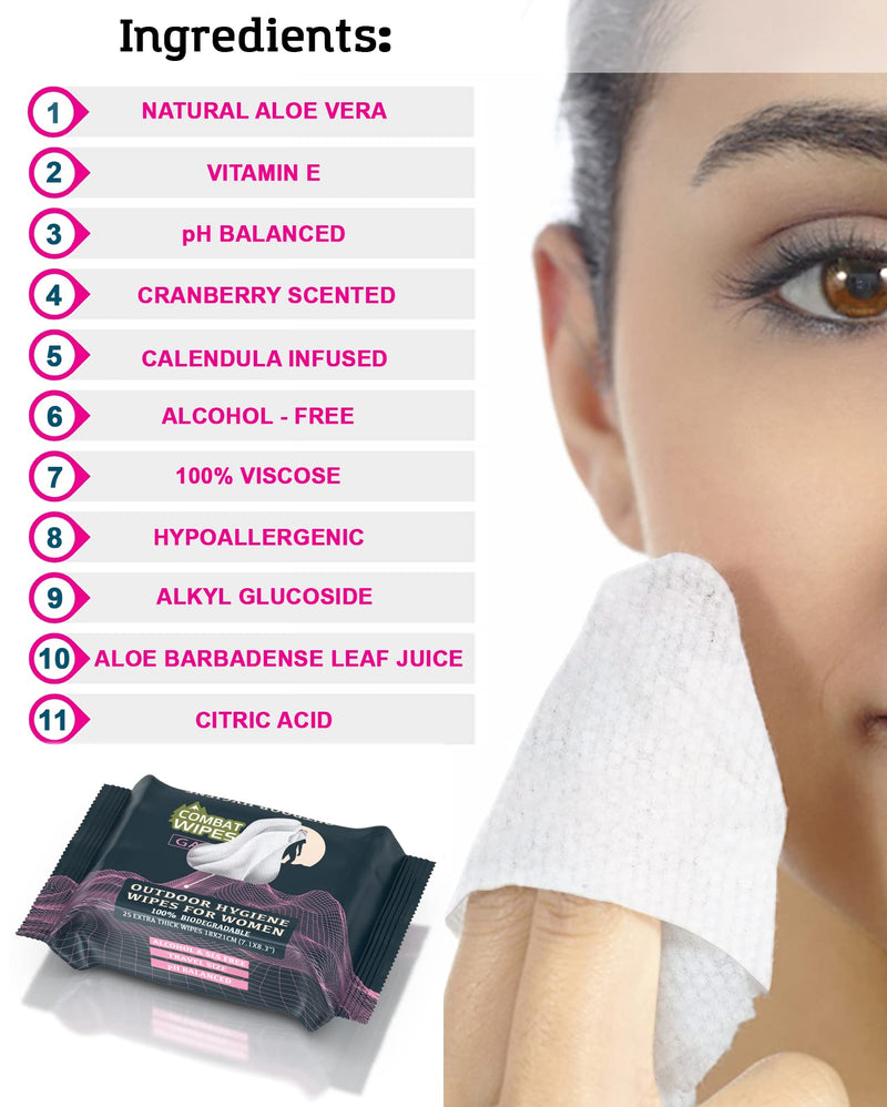 [Australia] - Combat Wipes Gaia - Feminine Hygiene Outdoor Wet Wipes - Extra Thick, Ultralight, Biodegradable, pH Balanced Body & Hand Cleansing Cloths for Women w/Aloe (1 Pack, 25 Wipes) 25 Count (Pack of 1). 