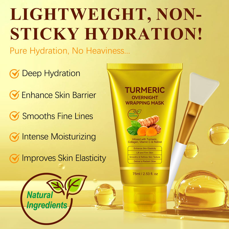 Turmeric Vitamin C Collagen Overnight Wrapping Peel Off Mask with Retinol for A Clear, Dewy, Radiant Complexion Against Roughed & Stressed & Saggy Skin, Anti-Aging/Wrinkles/Fine Lines, 2.53 Oz/75 ML 2.53 Ounce (Pack of 1)