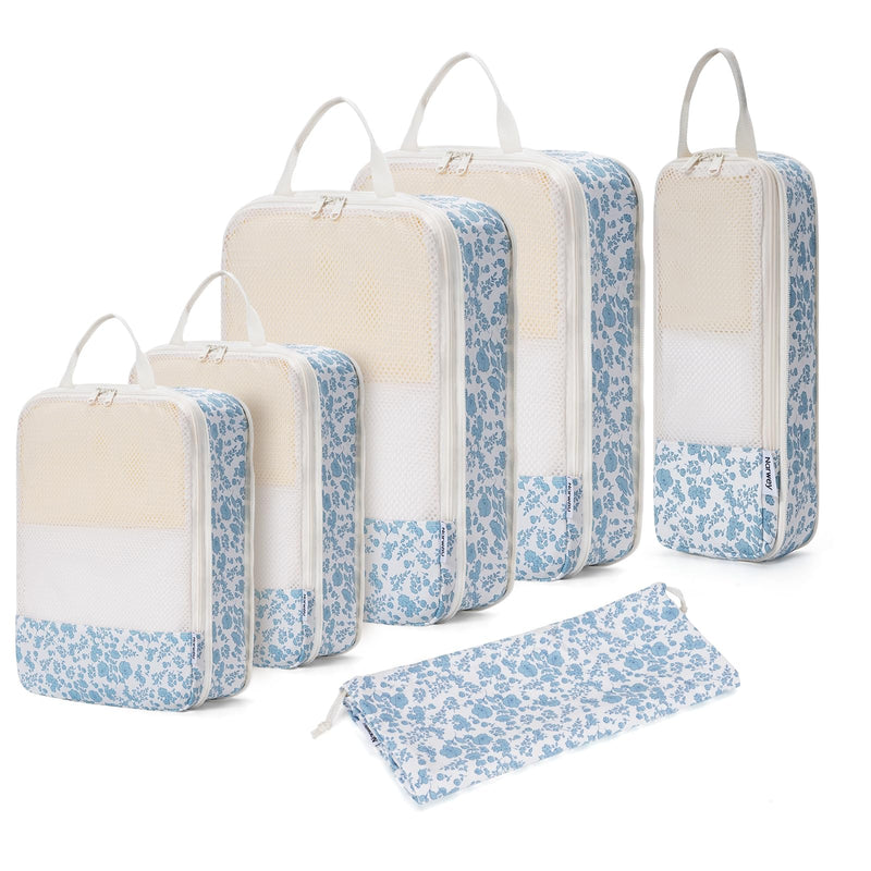 Narwey Checkered Makeup Bag with 6 Set Checkered Compression Packing Cubes for Women Girls