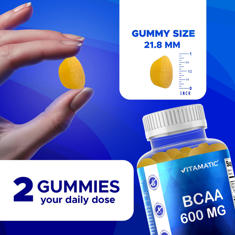 Vitamatic BCAA Gummies - Branch Chain Amino Acid Supplements - Peach Flavor - 600mg per Serving - 60 Vegan Pectin Based Gummies