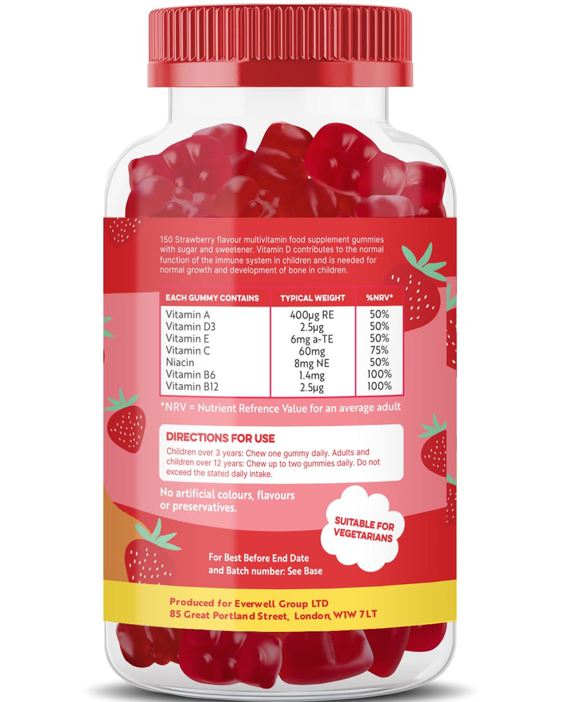 Kids Multivitamin Gummies – 5 Month Supply - 150 Gummies - Packed with Essential Vitamins & Nutrients - Chewable Multivitamins for Children - with Vitamin C, D3, A, E, B6 & B12 - Strawberry Flavour