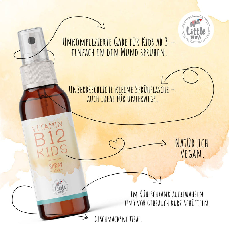 [Australia] - Little Wow® - Daily Vegan Vitamin B12 Spray | Especially for children I For 195 days | Multivitamin | Vitamins | 10 µg daily requirement per spray 