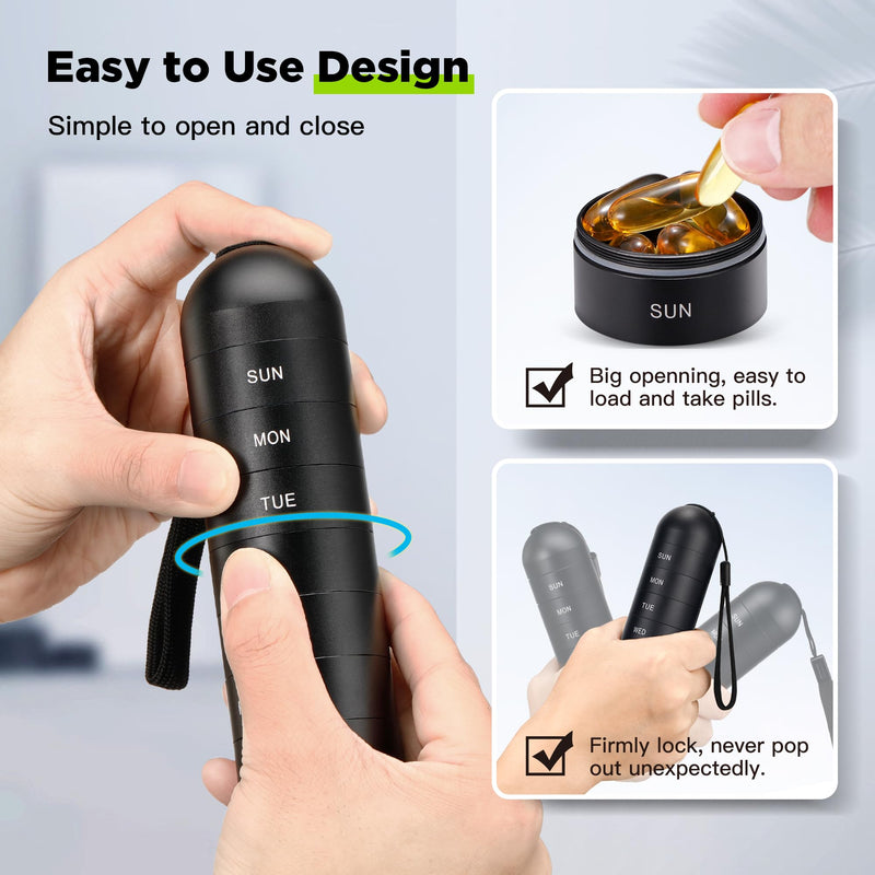 Zannaki Upgrade Large Metal Travel Pill Organizer, Waterproof Weekly Pill Box, Portable Aluminum Alloy Pill Case Container, BPA Free 7 Day Daily Medicine Organizer Holder for Vitamin,Pills,Supplement Black