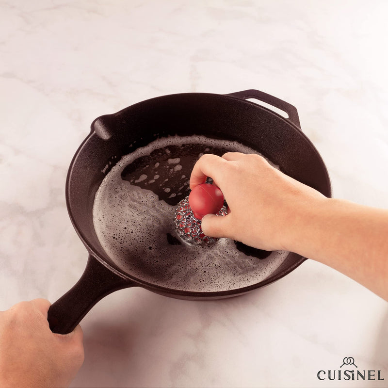 [Australia] - Cuisinel Cast Iron Chainmail Scrubber + Pan Scraper - The Patented Original Ergonomic Stainless & Silicone Pot & Skillet Cleaner - Premium Food-Safe Design - Easy Clean Dishwasher Safe Cookware Sponge Standard Red Chainmail + Scraper 