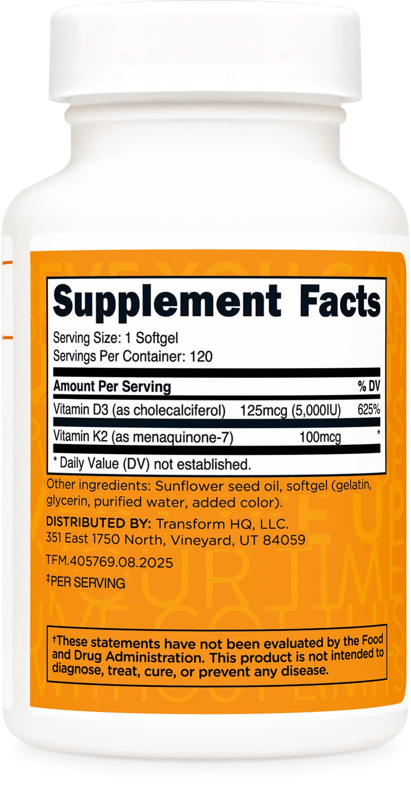 TransformHQ Vitamin K2 (MK7) (100mcg) + Vitamin D3 (5000 IU) 120 Softgels | Gluten Free and GMO-Free