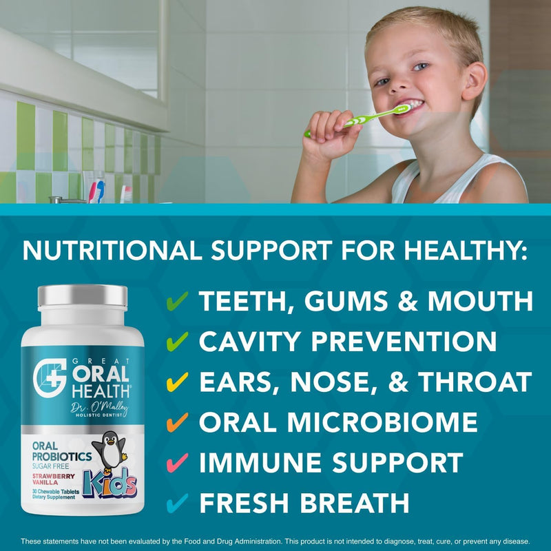 [Australia] - Oral Probiotics for Mouth Bad Breath Treatment for Kids Dental Care & Cavity Prevention with BLIS K12 M18 – Dr Formulated Dental Probiotics for Teeth and Gums, 30 Chewable Tablets Strawberry Vanilla 30 Count (Pack of 1) 