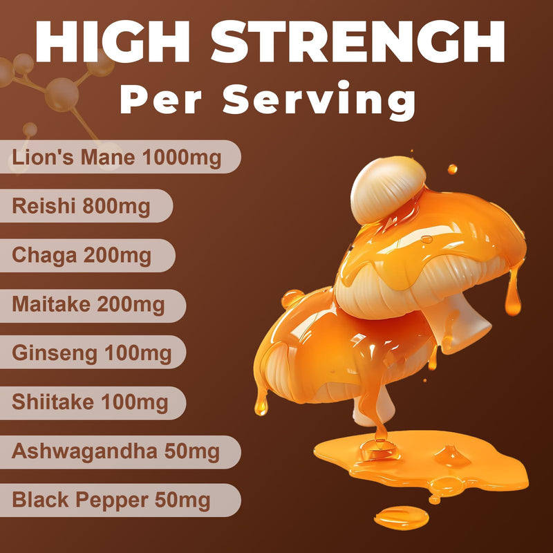 12-in-1 Mushroom Gummies with Lion's Mane, Reishi, Chaga, Maitake, Ginseng, Shiitake for Focus, Immunity & Mood, Vegan Mushroom Complex Supplement with Ashwagandha and Black Pepper- 60 Gummies 60 count (Pack of 1)