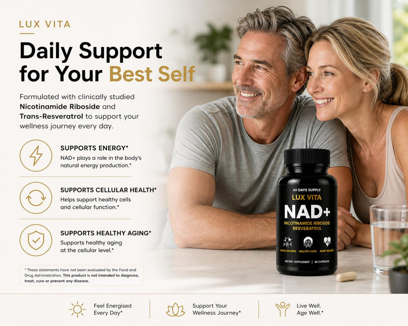 LuxVita NAD+ Supplement | 500mg Nicotinamide Riboside (NR) with Quercetin Phytosome & Trans-Resveratrol | NAD Supplements UK | Cellular Energy, DNA Repair & Healthy Ageing | 80 Vegan Capsules