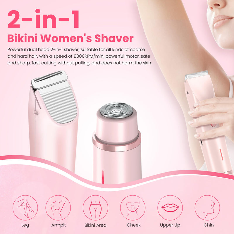 [Australia] - Bikini Trimmer for Women-2 in 1 Dual Head Electric Razors,IPX7 Waterproof Bikini Electric Shaver,Dry & Wet Use Painless Bikini Shaver,Pubic Hair Trimmer for Private Area & Body Hair, Pink 