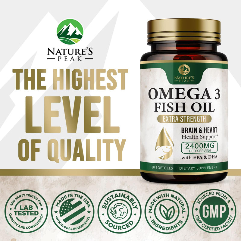 Omega 3 Fish Oil Pills 2400mg - Triple Strength Omega 3 Fish Oil Supplements - Best EPA & DHA Fatty Acids for Brain & Heart Health Support, Nature's Omega3 Supplement, 30 Day Supply - 60 Softgels 60 Count (Pack of 1)