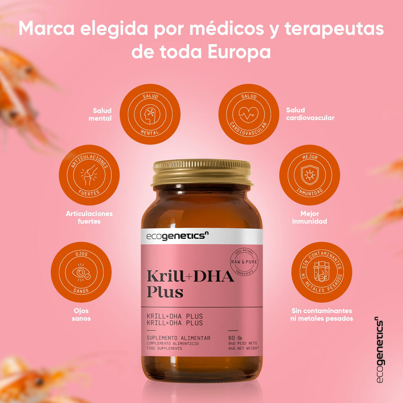 [Australia] - ECOGENETICS - Krill Oil + DHA Plus 60 soft capsules | Premium source of Omega 3 (415mg per capsule) for cardiovascular health | Brain Booster Ideal for concentration & memory 