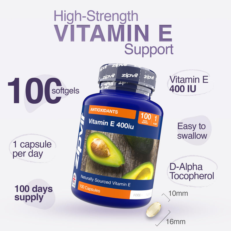 Zipvit Vitamin E Capsules 400IU, Natural D-Alpha Tocopherol, Supports Cell Protection from Oxidative Stress, 100 Capsules, Vitamin E Supplement