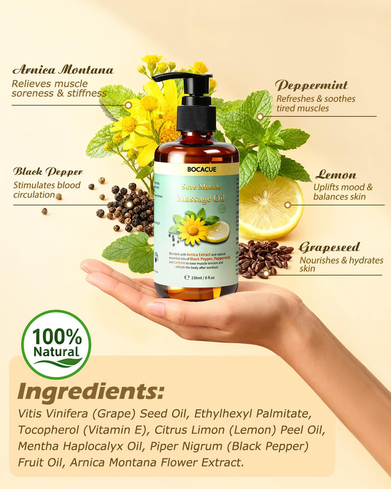 Sore Muscle Massage Oil for Massage Therapy, Arnica Oil for Muscle Relaxing & Lymphatic Drainage with Black Pepper, Peppermint & Grapeseed Oil, Essential Oils for Skin & Body Care, 8 fl oz