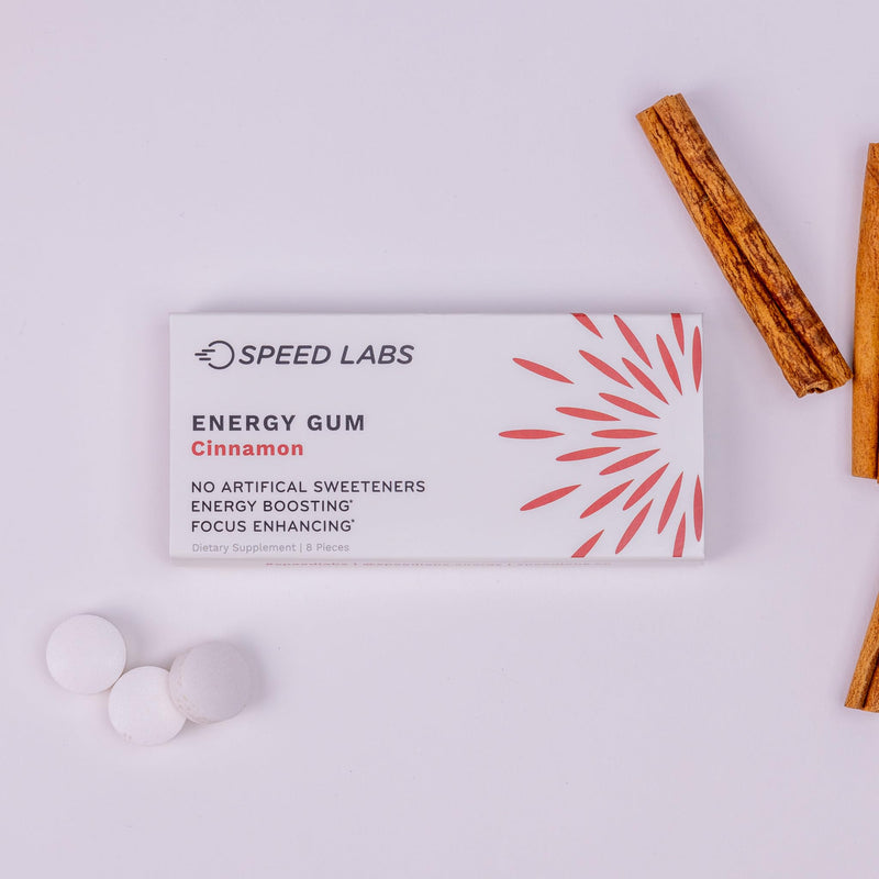 [Australia] - Speed Labs Cinnamon Natural Caffeine Energy Gum 25mg Caffeine, Taurine, B Vitamins Per Piece, 48 Pieces (6 Packs of 8) Sugar Free, Zero Calories, Naturally Sweetened, Gluten Free 