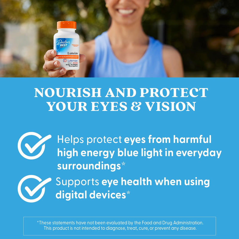 Doctor's Best Lutein Supplement 20mg with Zeaxanthin - Lutein for Eyes, Eye Health Vitamins for Men & Women, Vision and Macular Health Support, Lutemax 2020 Marigold Flower Extract - 60 Softgels Unflavored 60 Count (Pack of 1)