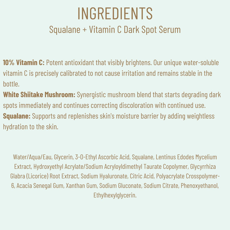 Biossance Squalane + Vitamin C Dark Spot Face Serum – 10% Vitamin C Serum & White Shiitake – Hydrating, Fragrance-Free, Non-Irritating, for Daily Use for All Skin Types 1.01 Fl Oz (Pack of 1)