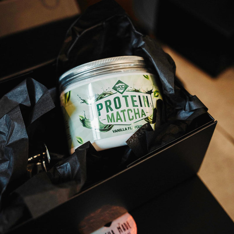 Protein Matcha Powder Vanilla | Ceremonial Grade Organic Japanese Matcha with Grass-fed Bovine Collagen & Functional Mushroom Extracts | 240g Tub with Scoop | High Protein - Made by WOD Powders