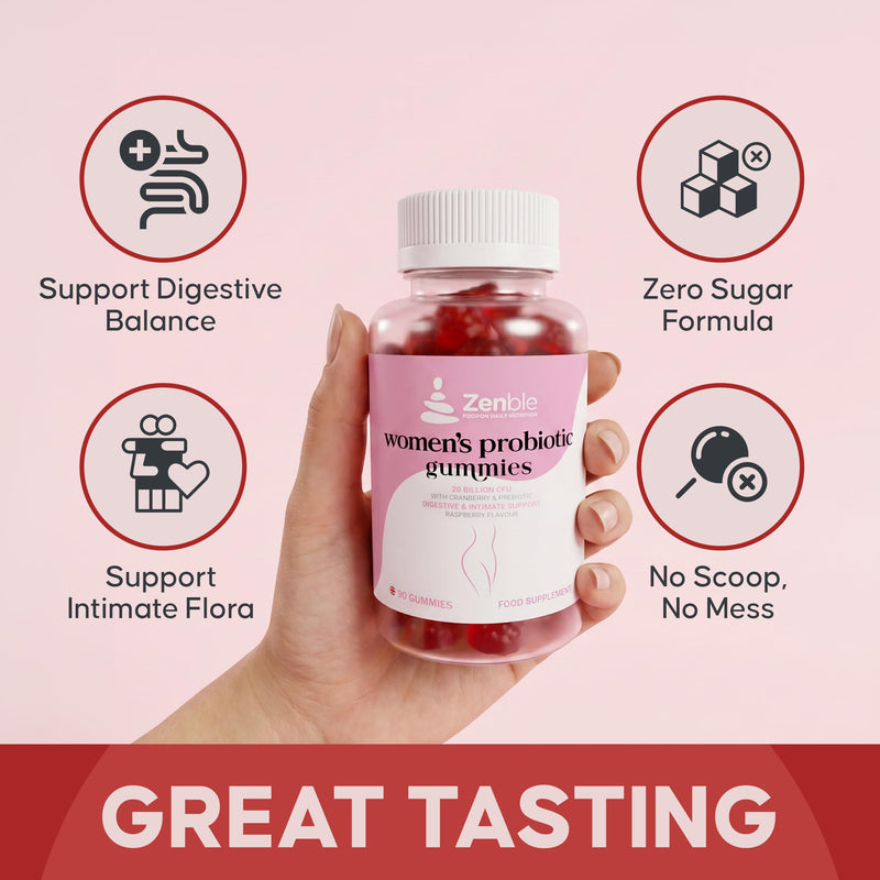 Probiotics for Women Gummies – 20 Billion CFU Probiotic Blend with Cranberry & Prebiotic Inulin – Digestive & Intimate Flora Support – 90 Sugar Free Vegan Gummies – Raspberry Flavour