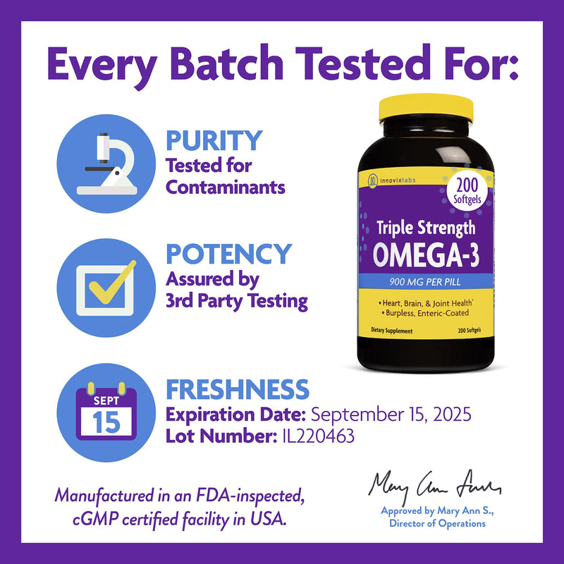 [Australia] - InnovixLabs Triple Strength Omega 3 Fish Oil Supplement, 900 mg, Pure EPA DHA Omega 3 Supplement Brain and Joints, Burpless Omega-3 for Women and Men with Enteric Coating, 200 Capsules 