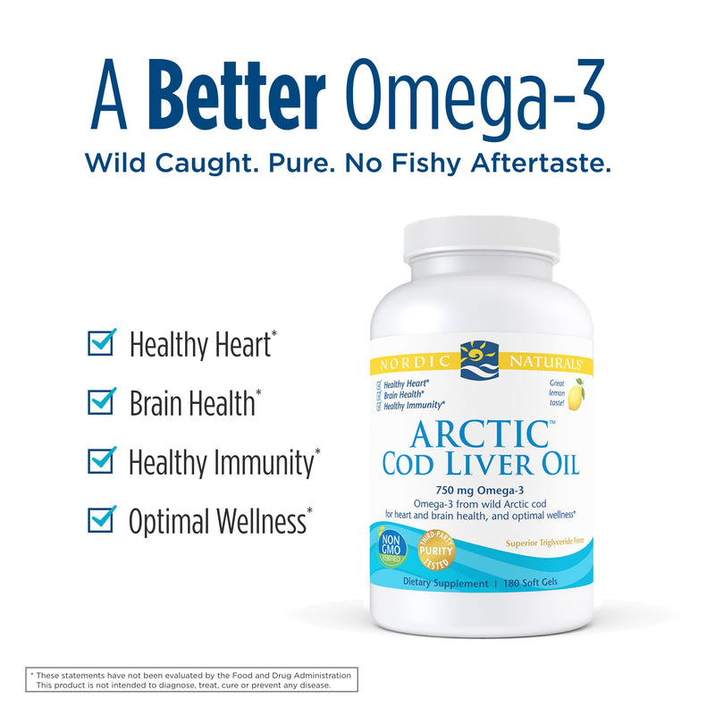 [Australia] - Nordic Naturals Pro Arctic Cod Liver Oil, Lemon - 180 Soft Gels - 750 mg Total Omega-3s with EPA & DHA - Heart & Brain Health, Healthy Immunity, Overall Wellness - Non-GMO - 60 Servings 