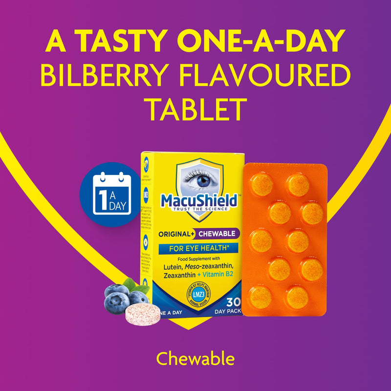 MacuShield Original Plus Chewable – 30 Day Pack, Eye Health Supplement* with Lutein, Zeaxanthin and Meso-zeaxanthin + Vitamin B2 (Riboflavin) which Helps Maintain Normal Vision, Bilberry Flavour Unflavoured 30 count (Pack of 1)