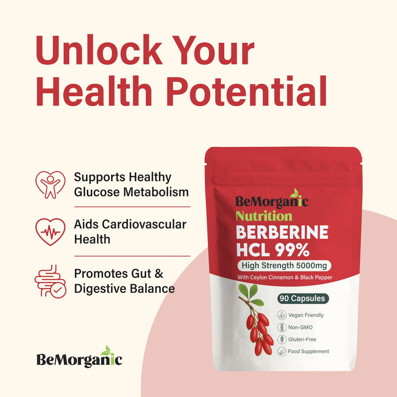 Berberine HCL 5000mg High Strength Complex, 99% Pure Berberine HCL with Ceylon Cinnamon and Black Pepper, 90 Vegan One Per Day Capsules (3 Month Supply)