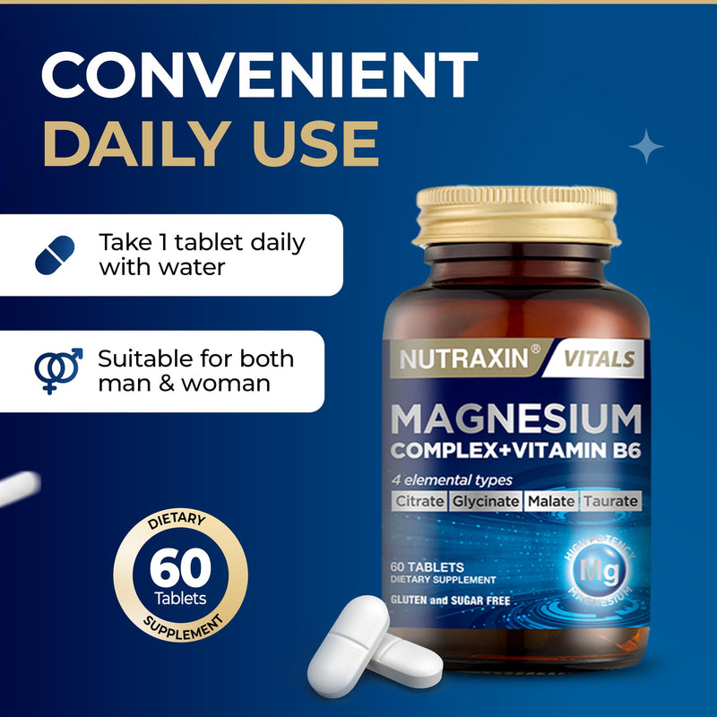 Nutraxin 4-in-1 Magnesium Complex (125g Elemental) + Vitamin B6 for Energy, Muscle Function, Bone & Fatigue - 60 Tablets with Magnesium Citrate, Bisglycinate, Malate & Taurate - Vegetarian Formula Magnesium Complex + Vitamin B6