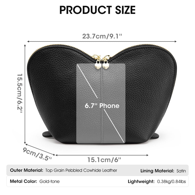 Kattee Leather Makeup Bag, Travel Large capacity Comestic Bag for Women, Heart Shaped Portable Organizer Toiletry Bag for Working, Black