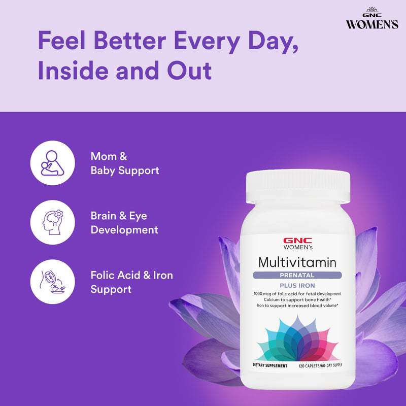 GNC Women's Prenatal Multivitamin Formula with Iron, 120 Caplets | Provides Folic Acid, Iron, Zinc, and Calcium to Support Healthy Pregnancy, Bone Health, and Baby Development 120 Count (Pack of 1)