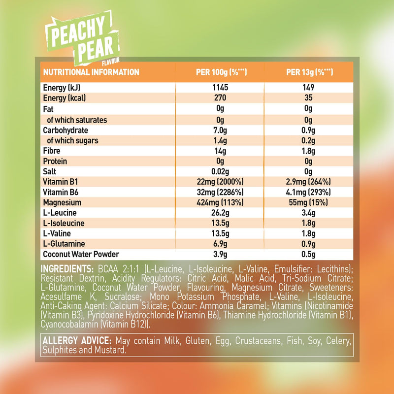 Grenade BCAA Intra Workout Powder Zero Sugar Drink Packed with Amino Acids Including B-Vitamins, Magnesium & Glutamine (30 Servings) - Peachy Pear, 390 g (Pack of 1)