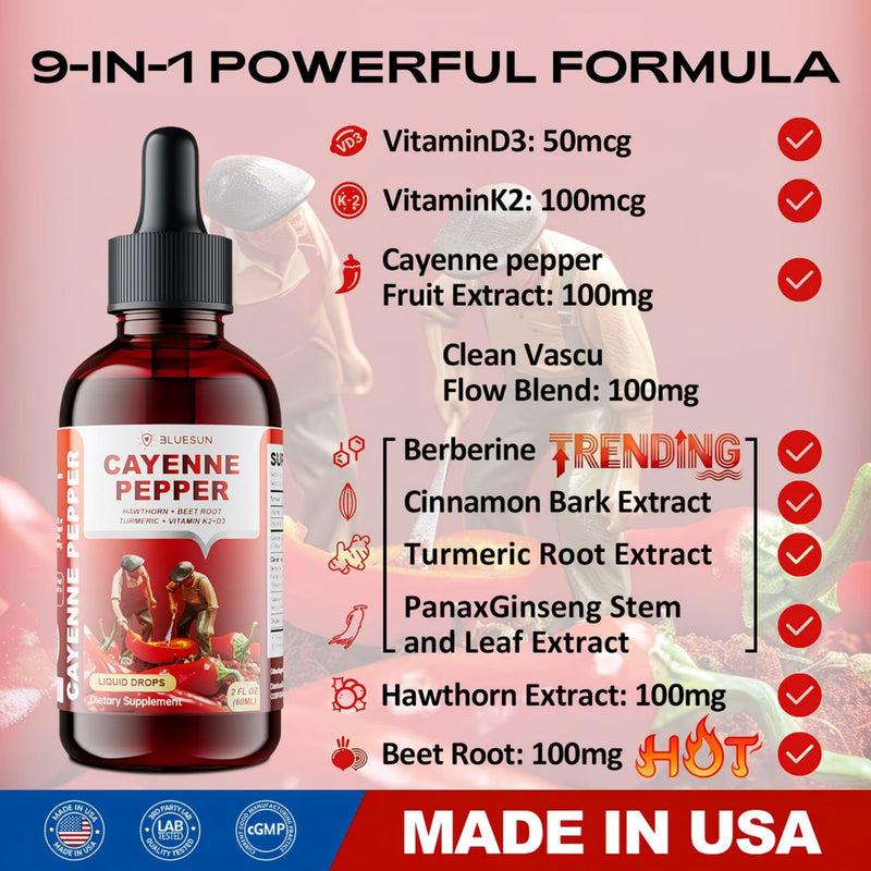Cayenne Pepper Drops with Hawthorn Berry & Beet Root - Liquid Turmeric Curcumin, Vitamin D3 + K2 - Made in USA Herbal Supplement - Daily Wellness Formula - 2 Fl Oz (60ml)