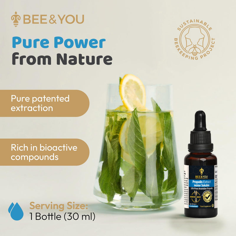 Bee and You Natural Propolis Extract%10, Water Soluble Drops, High Potency, Ultra Pure, Immune Support Supplement, Antioxidants, Natural Detox, Gluten-Free, 1 Fl Oz