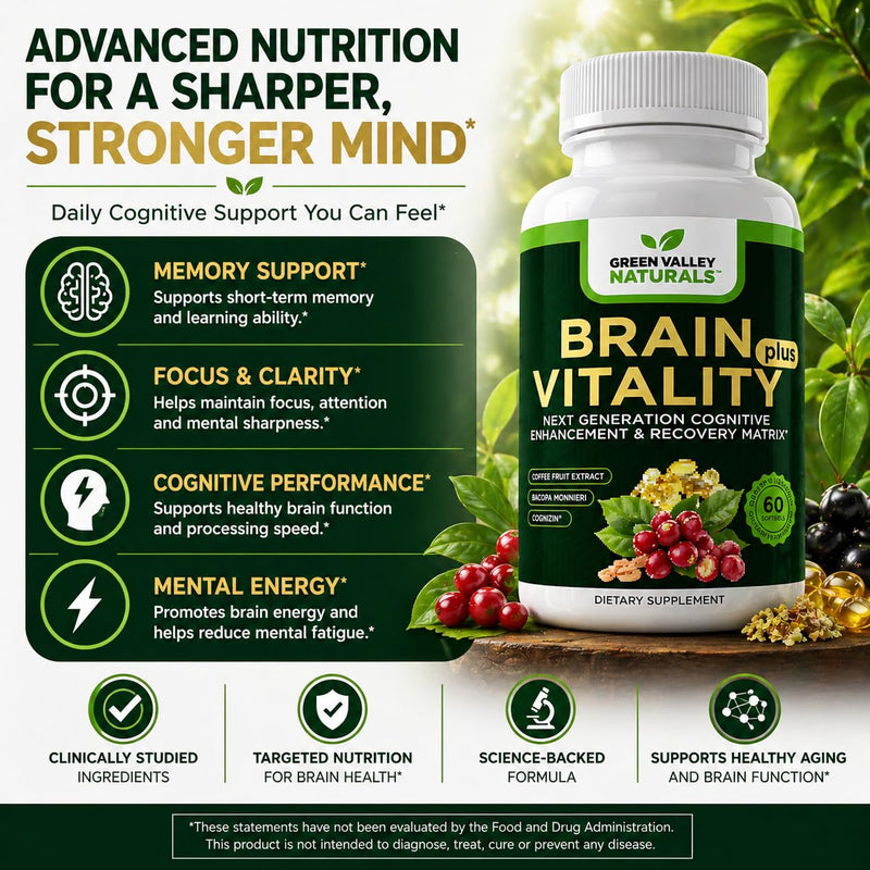 Green Valley Naturals Brain Vitality Plus™ Brain Health Supplement | 60 Softgels, Cognizin® Citicoline, Bacopa Monnieri, DHA Omega-3, Memory, Focus & Mental Clarity Support