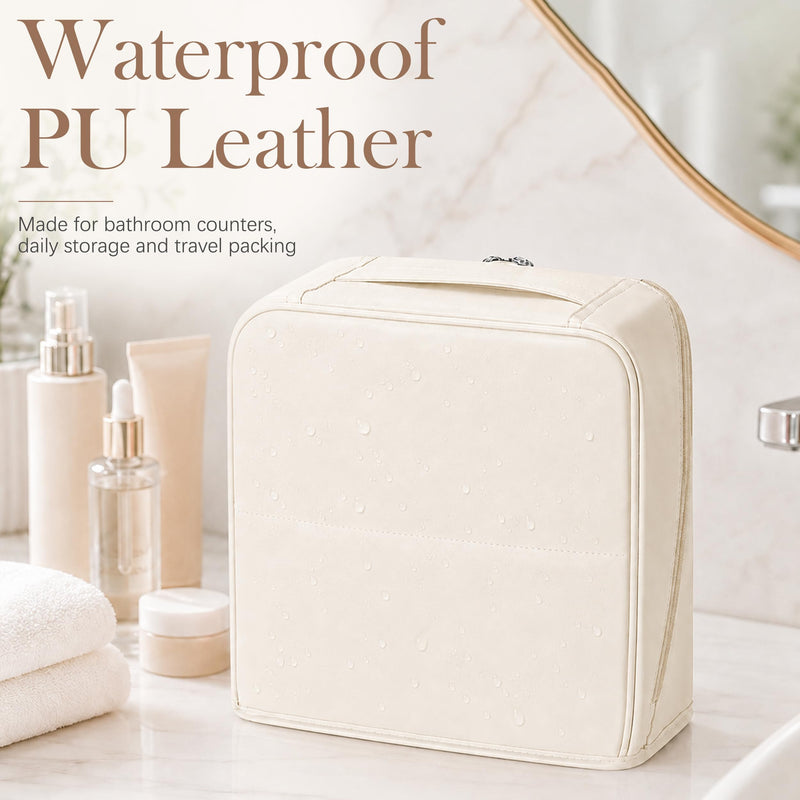 Travel Makeup Bag with Mirror and Phone Holder, Large Capacity Standing Cosmetic Bag for Women, Wide-Open Waterproof PU Leather Toiletry Bag with Divider and Luggage Strap for Skincare and Travel White