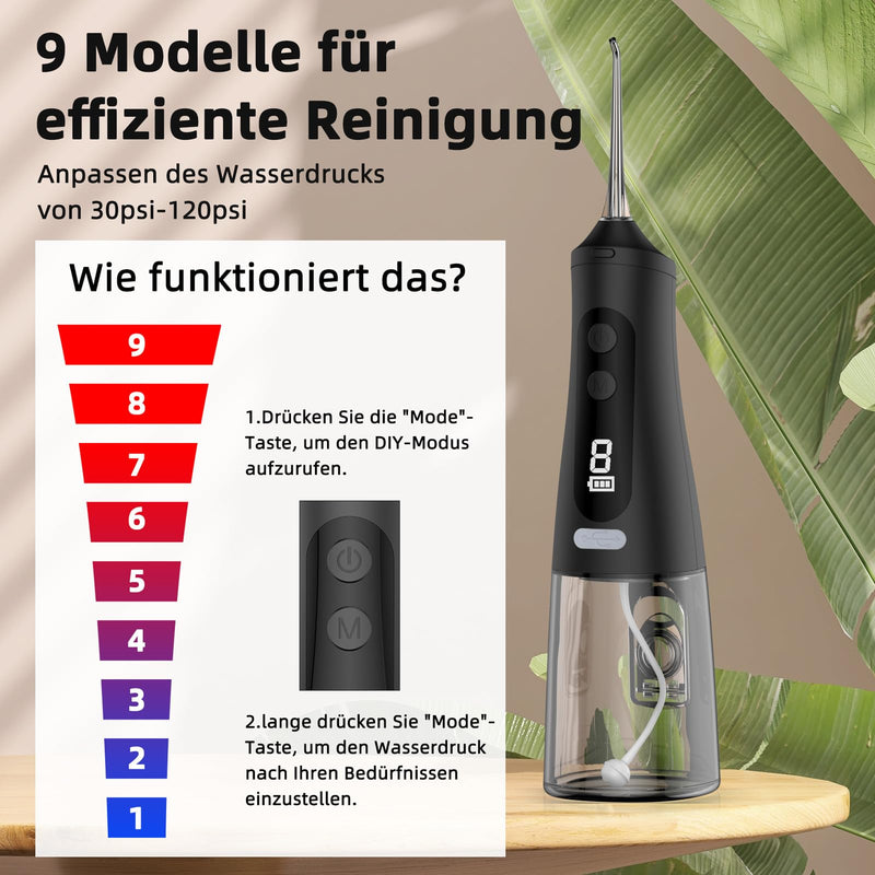 [Australia] - Powerful Oral Irrigator 9 Modes & 4 Nozzles Wireless Oral Irrigator IPX7 Waterproof Water Flosser 350ML Removable Water Tank for Home & Travel Black 