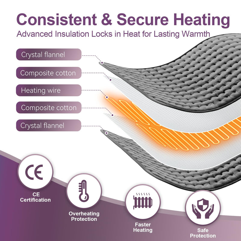 [Australia] - Qfun heating pad with automatic switch-off 100x50cm, extra large heat pad electric, machine washable electric heating pad large xxl for back neck shoulder stomach, 6 temperature levels and 4 timers 100*50CM dark gray 