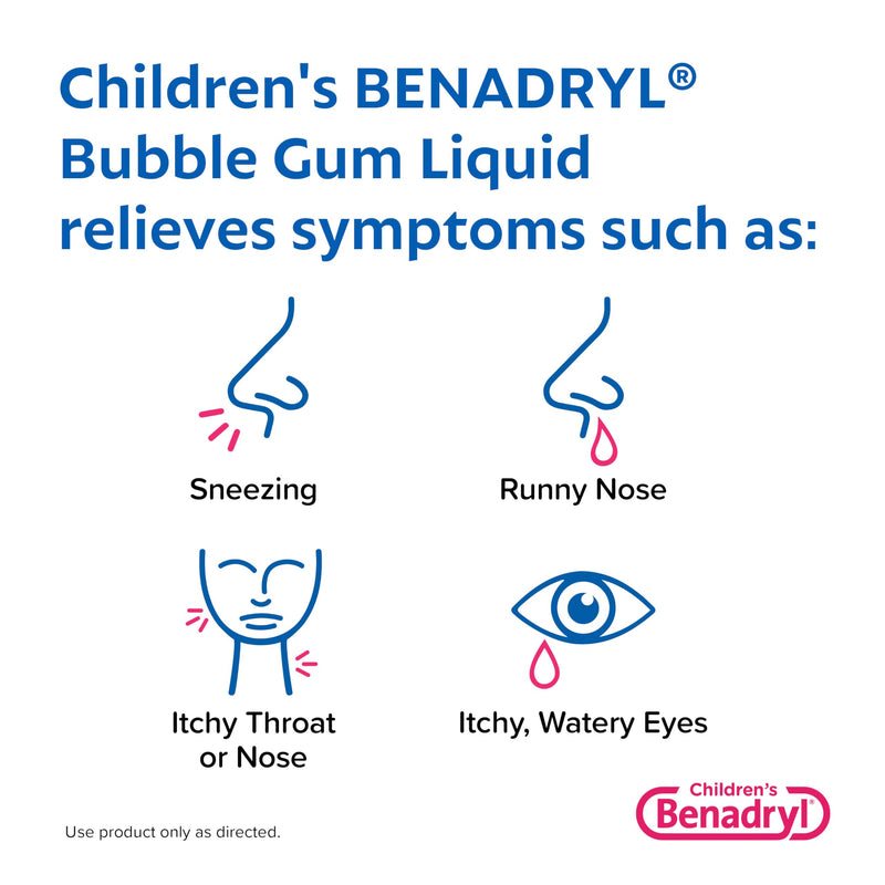 Benadryl Children's Dye-& Sugar-Free Allergy Relief Liquid Medicine with Diphenhydramine HCl, Antihistamine Allergy Medicine for Kids, Dye-Free, Alcohol-Free, Bubble Gum Flavor, 8 fl. Oz Bubblegum 8 Fl Oz