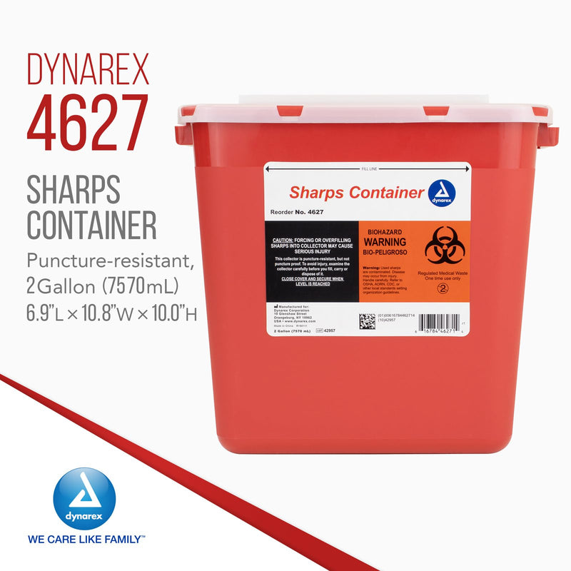 [Australia] - Dynarex Sharps Container, Provides a Safe Disposal of Medical Waste and Needles, Non-Sterile & Latex-Free, 2 Gallons, Made with Thermoplastic, Red with a Transparent Lid, 1 Dynarex Sharps Container 2 Gallon (Single) 