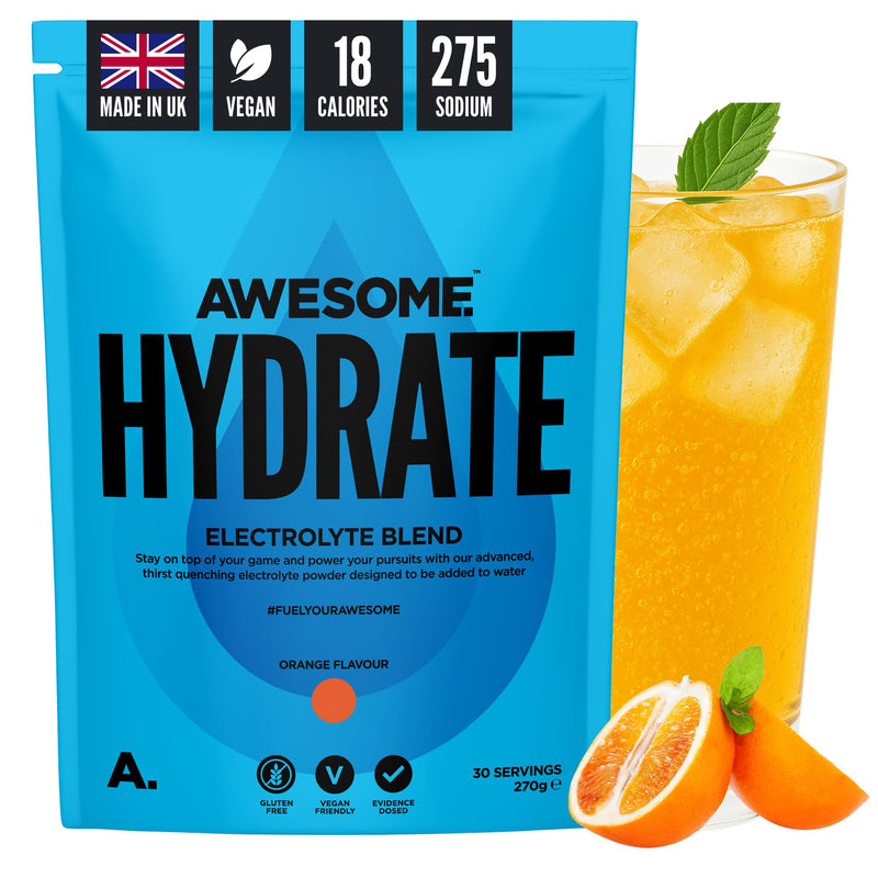 Awesome Hydrate – Vegan Electrolytes Powder – 270g Instant Electrolytes Powder – Sodium, Zero Calorie, Potassium Supplements – Vegan & Gluten-Free Hydration Supplement – (Orange Flavour, 270g) Orange