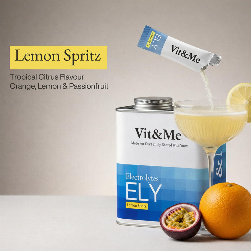 Vit&Me Electrolyte Powder Drink Mix Sachets, Hydration Electrolytes with Sodium Potassium Magnesium & Calcium, Zero Sugar Hydration Powder, Lemon Spritz Flavour, 30 Sachets Tin