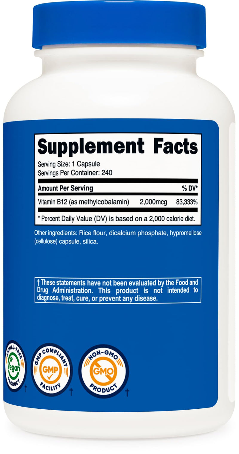 Nutricost Vitamin B12 (Methylcobalamin) 2000mcg, 240 Capsules - Vegetarian Caps, Non-GMO, Gluten Free B12 Supplement 240 Count (Pack of 1)