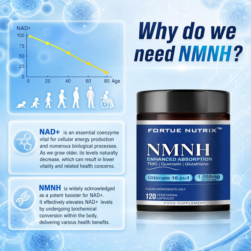 NMNH Supplement, 120 Capsules - 10-in-1 Blend with Resveratrol & Quercetin, NAD+ Alternative, Antioxidant Support for Energy & Cellular Health, High Absorption, Vegan, 2 Month Supply