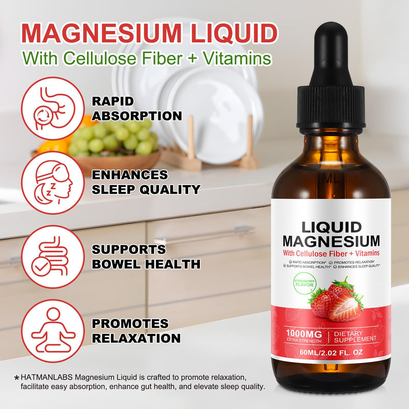 Magnesium Liquid, Magnesium Glycinate Liquid with Cellulose Fiber & Vitamins for Adults, 1000MG Extra Strength Sugar Free Vegan Non-GMO Complex Supplement, Strawberry Flavor, 60 Servings