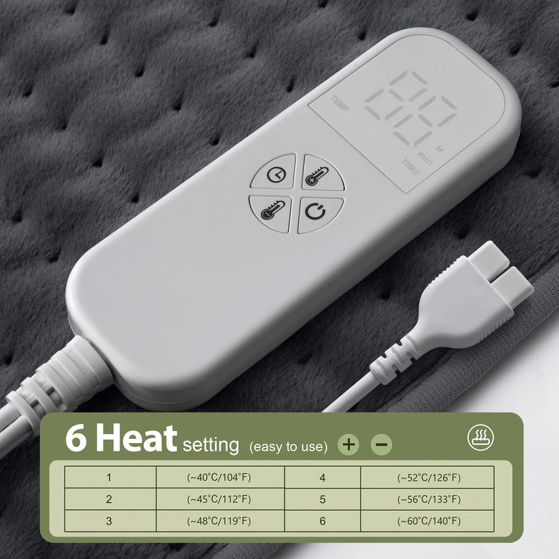 [Australia] - Heating Pad for Back, Neck and Shoulder Pain Relief, Electric Heat Pads for Cramps with 6 Heat Settings, Auto Shut-Off, Moist Dry Heat Options, Machine Washable, 12" x 24", Gifts for Women Men Grey 