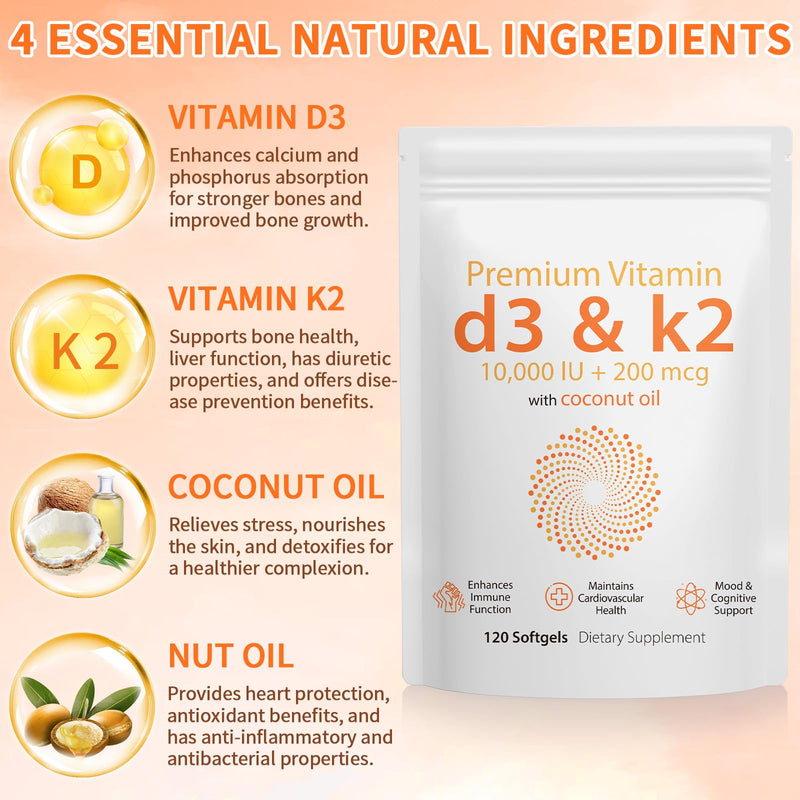 Daiasns Vitamin D3 K2 10000iu Supports Muscle & Brain Health -High-Potency D3 K2 Supplement Helps in Immune and Cardiovascular Support - 120 Softgels 120 Count (Pack of 1)