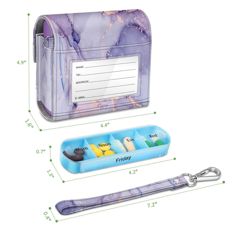 FINPAC Weekly Pill Organizers 4 Times A Day, Slide Open PU Leather Case | Travel Pill Vitamin Medicine Reminder and Planner with Name Card for Morning Afternoon Evening Bedtime, Lilac Marble