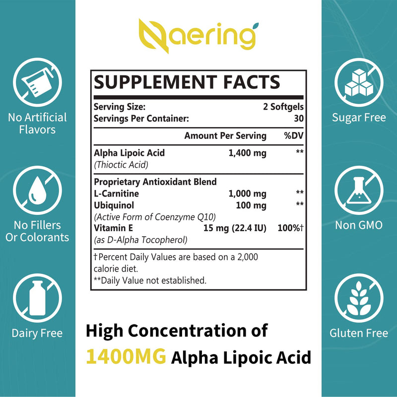 Liposomal Alpha Lipoic Acid 1400mg Softgels, ALA Supplement with L-Carnitine 1000mg, Ubiquinol (Active CoQ10) 100mg and Vitamin E 10mg,Alpha-Lipoic Acid for Antioxidants, Energy 60 Softgels 60 Count (Pack of 1)