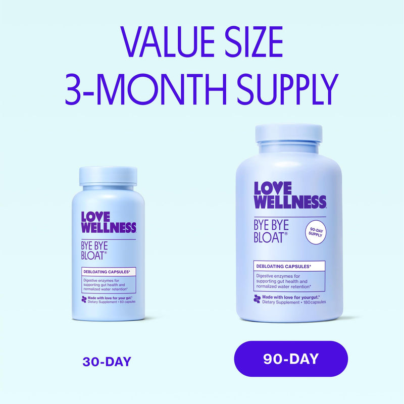 Love Wellness Bye Bye Bloat | Digestive Enzymes | 90-Day Supply | Capsules | Digestive enzyme supplement, Contains fenugreek and dandelion , Dietary supplement, Easy to take, 180 capsules