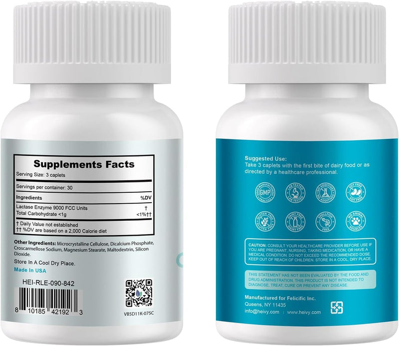 [Australia] - Heivy Lactase Enzyme 3000 FCC Dairy Relief Fast Acting Supplement, Lactose Intolerance Pills 90 Caplets, Vegan, Non-GMO, Gluten & Dairy Free, Made in USA(2 Pack) 90 Count (Pack of 2) 