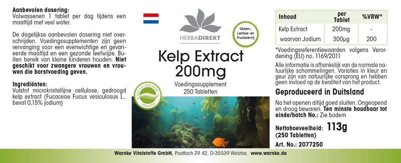 [Australia] - Kelp extract 200mg - 250 tablets - high dosage - vegan - natural iodine | HERBADIREKT by Warnke vital substances - German pharmacy quality 